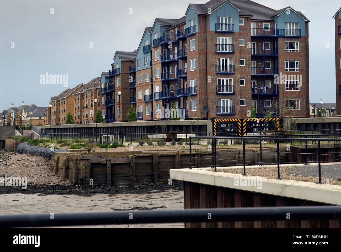 River Thames erosion tide Grays tidal flood floodgates modern housing new housing apartments flats threat defence defend Stock Photo