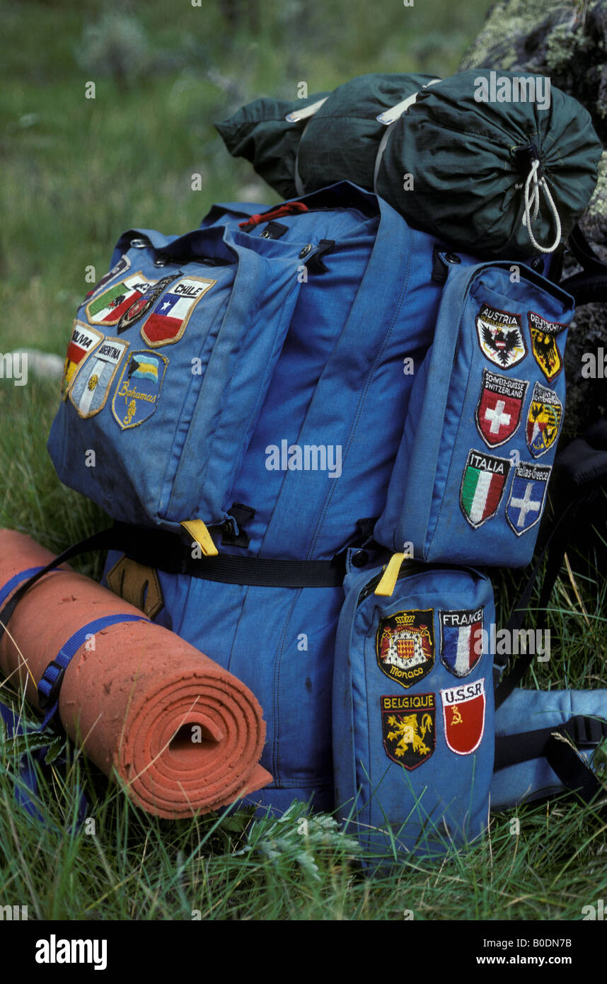 A traveler s backpack with patches recording places visited. Stock Photo