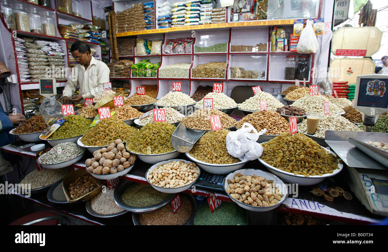 dried fruit and nut display in spice market in chandni chowk delhi