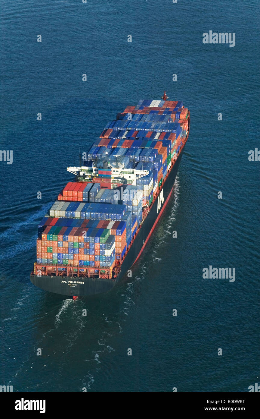 aerial view above loaded American President Lines APL container ship San Francisco bay Stock Photo