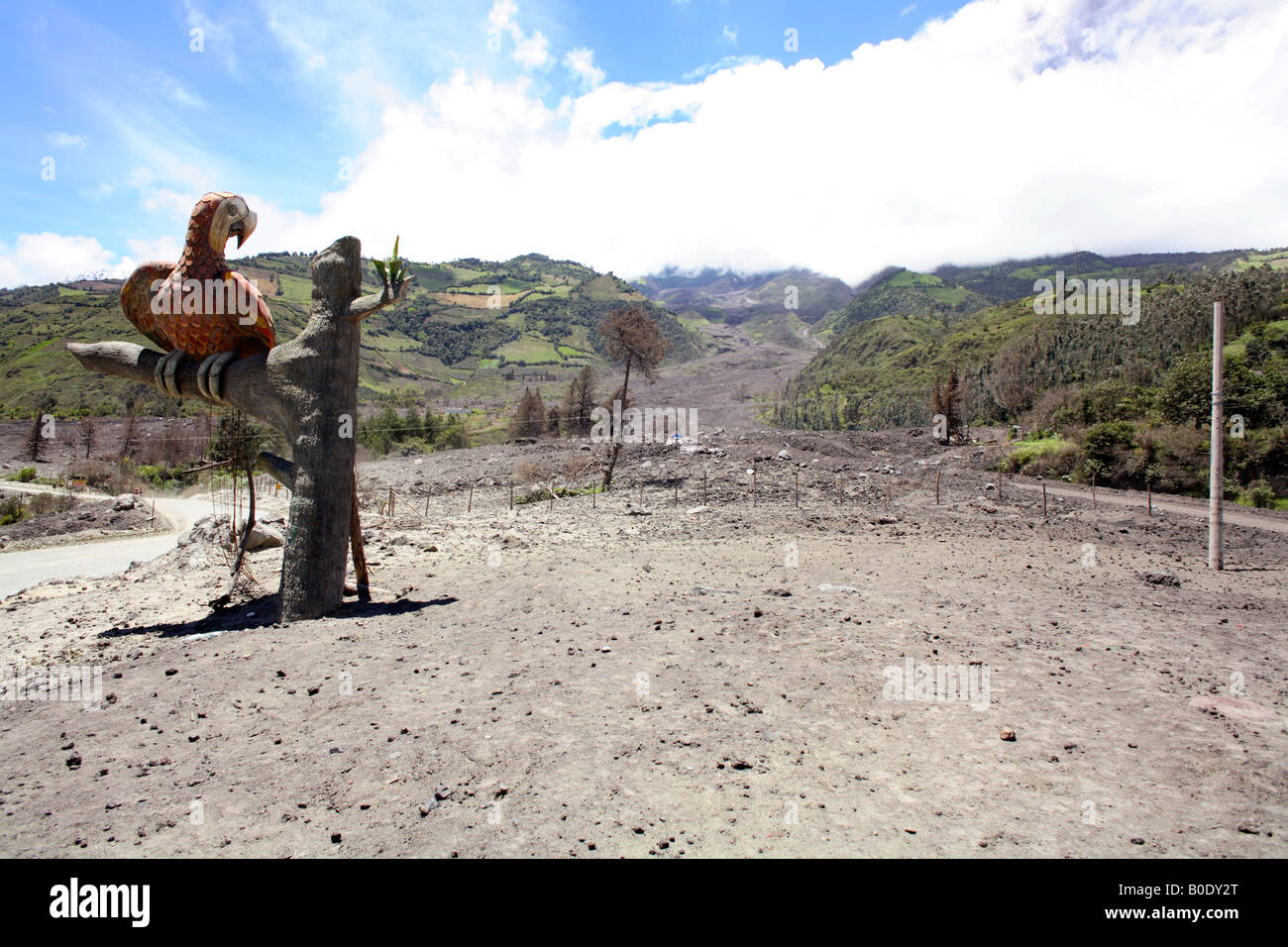 Statue of a macaw buried in a lahar or mudflow at the foot of Tunguragua volcano, Ecuador Stock Photo