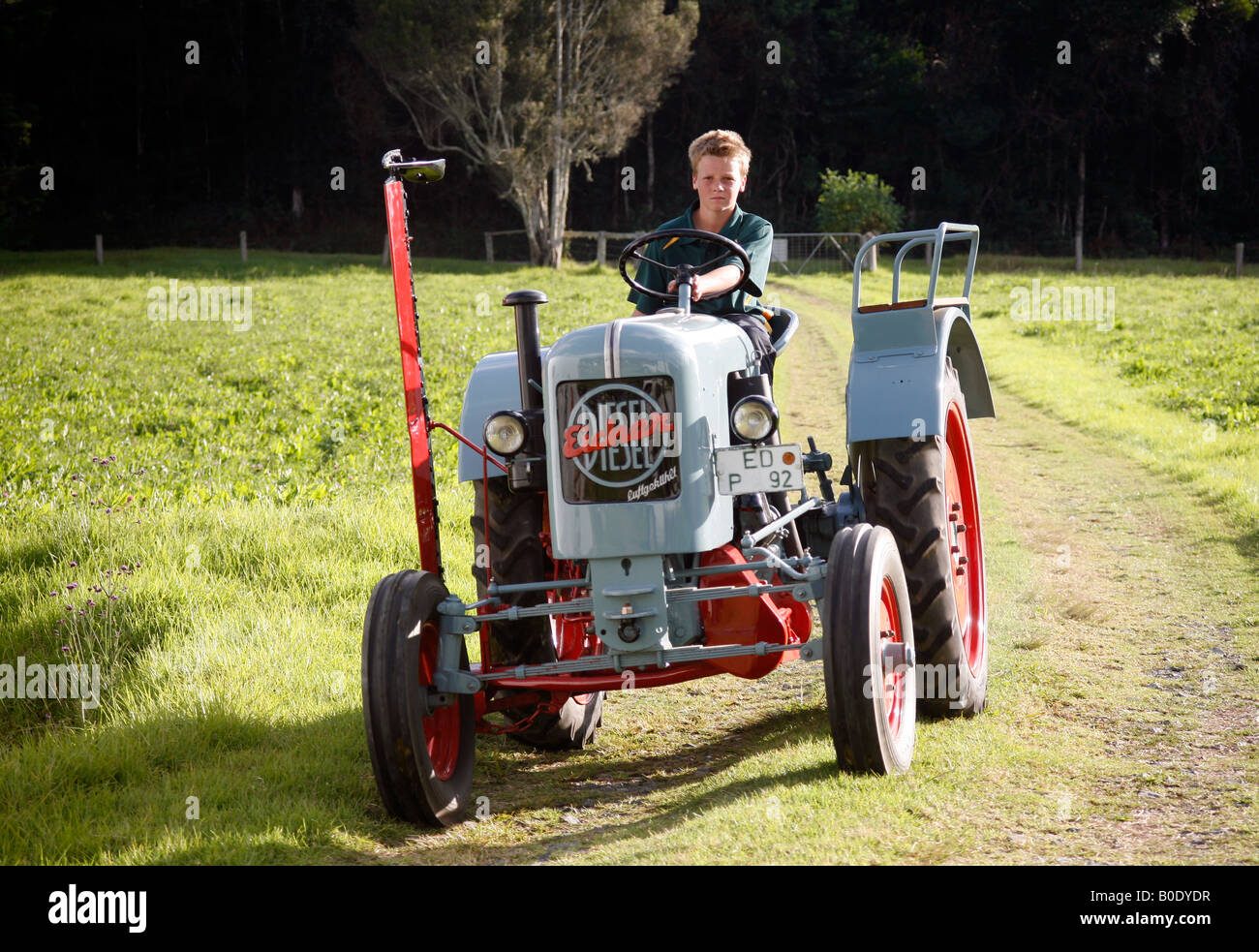 Antique 1956 Eicher 1 cylinder tractor This 16HP tractor is probably a 16PS model Stock Photo