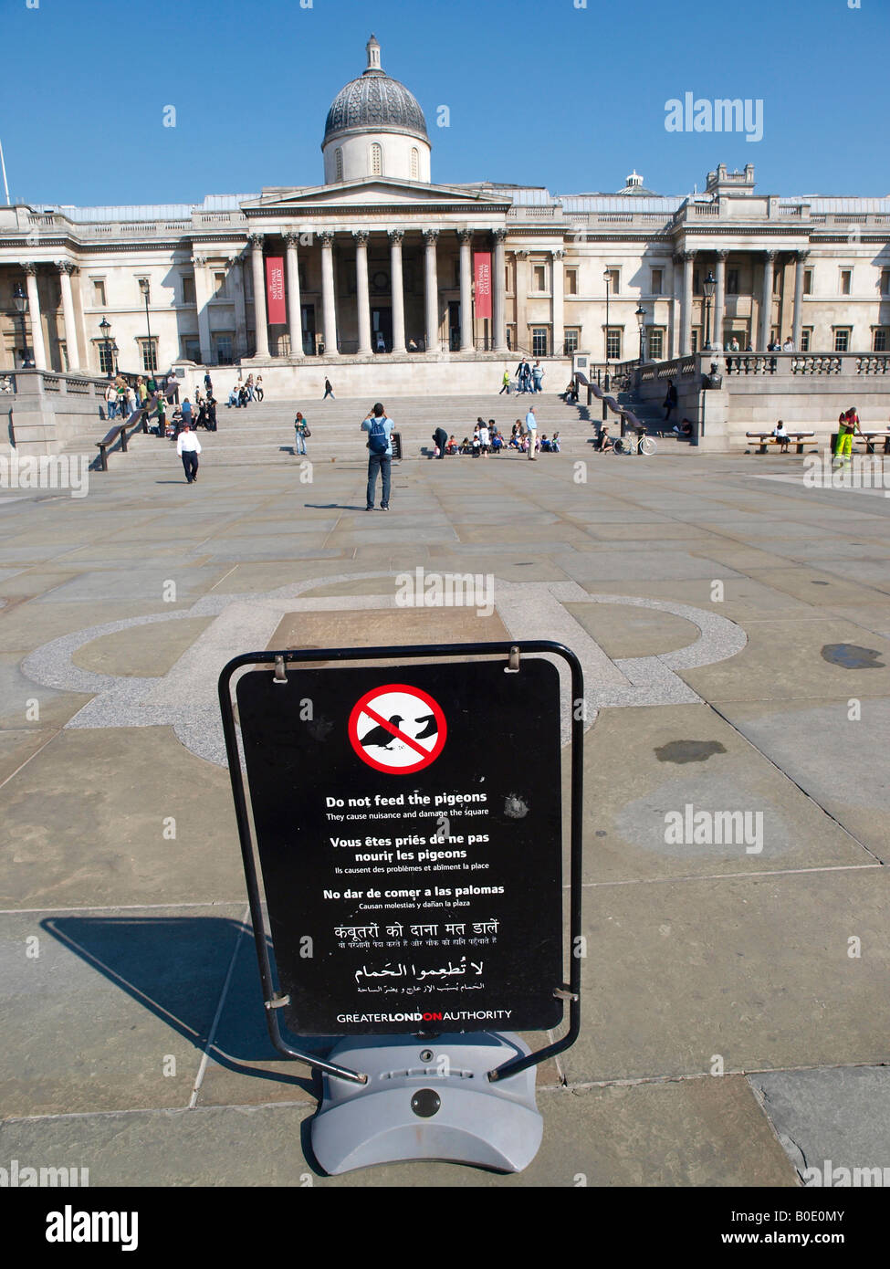 Sign prohibiting feeding of the birds in Trafalgar Square London Stock Photo