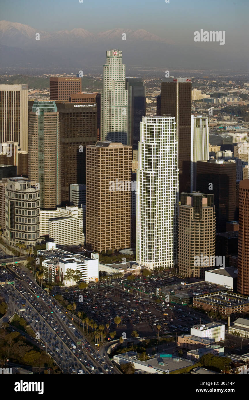 aerial downtown Los Angeles, CA LA KPMG Ernst and Young Wells Fargo Aon traffic Stock Photo