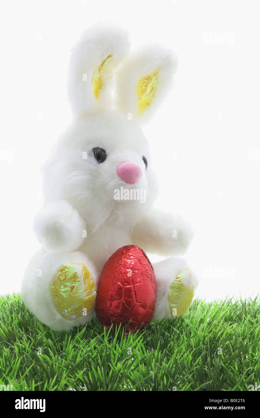 Easter Bunny with Easter Egg on Grass Stock Photo - Alamy