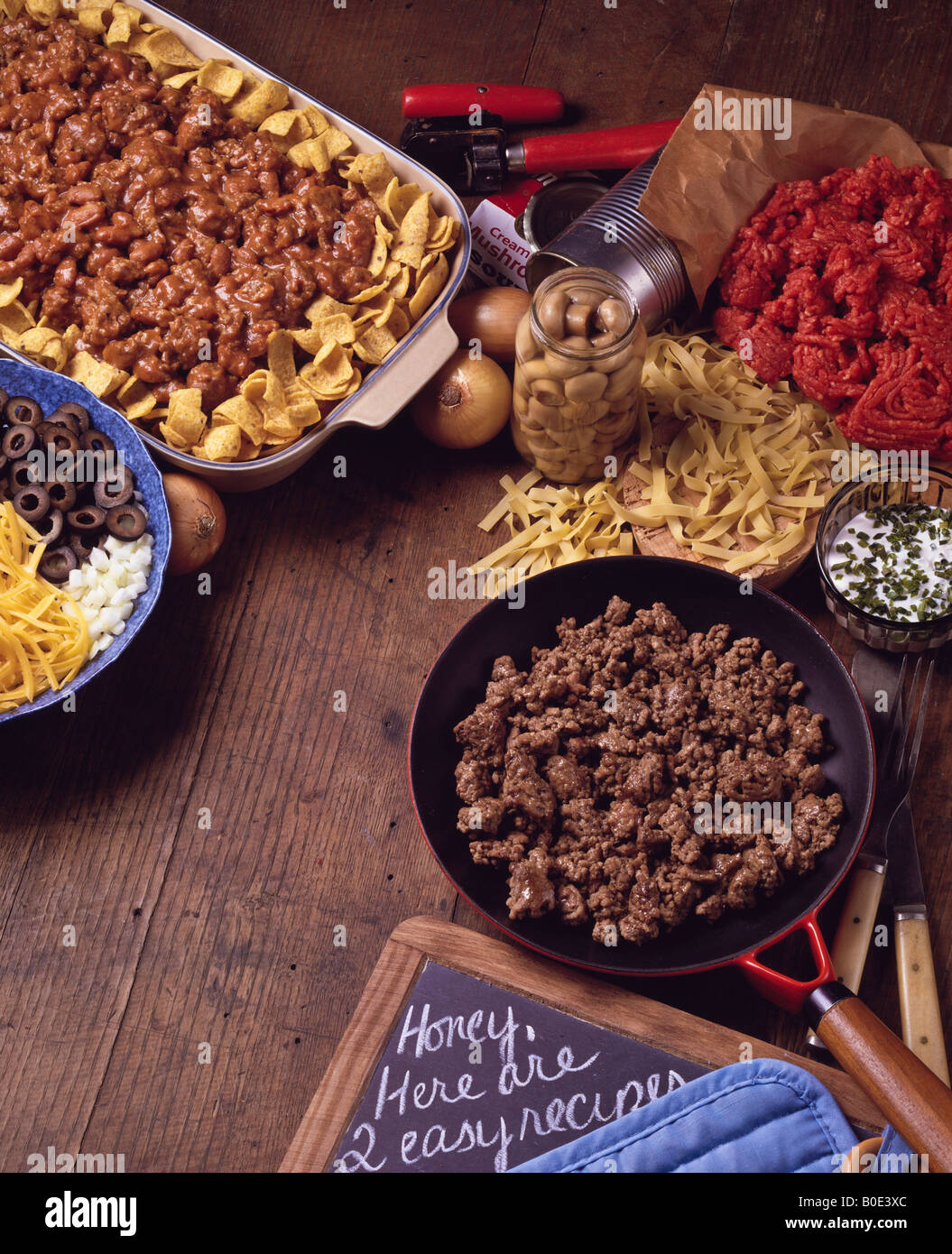Country kitchen recipes, easy beef stroganoff and beef loaf Stock Photo