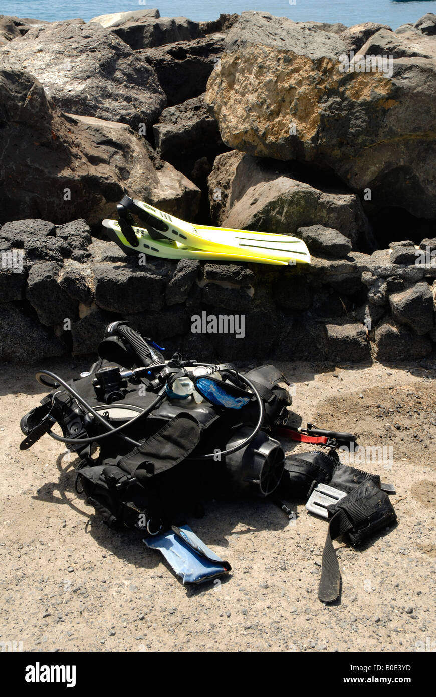 Diving equipment on Beach at Puerto del Carmen on Lanzarote in the