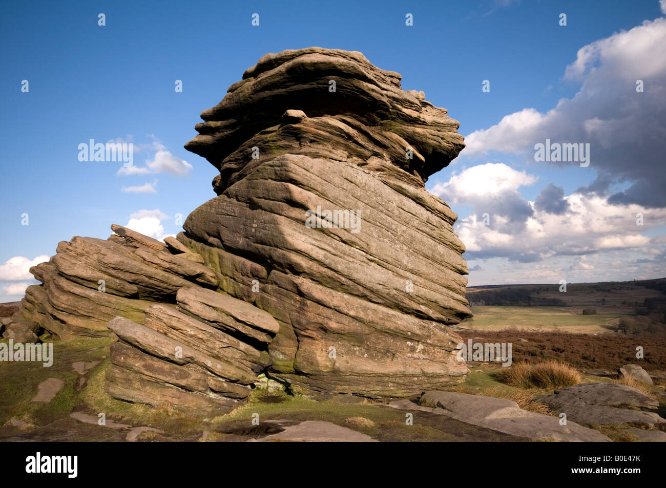 Rock formation known as the Mother Cap on Millstone edge  Peak District National Park Derbyshire Stock Photo
