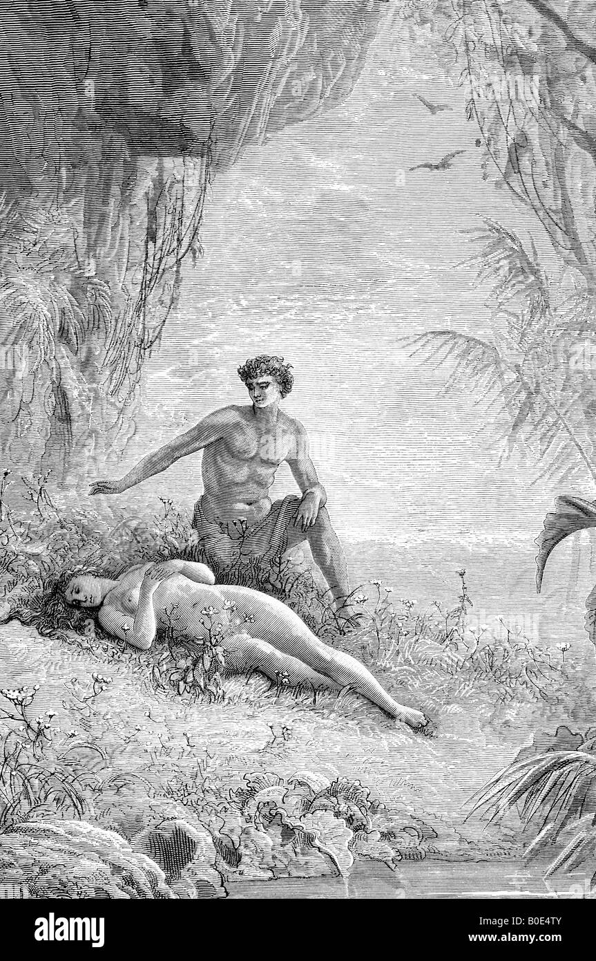 Engraving of Gustave Dore illustration of Adam and Eve Stock Photo