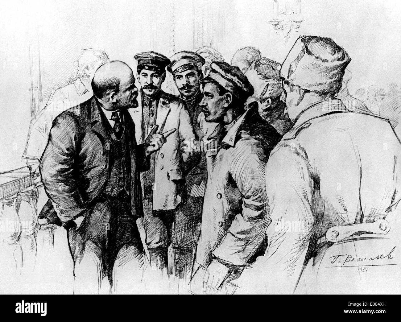 LENIN From left Lenin, Stalin and Kaganovich  in 1917 drawn by the artist P Vasilyev in 1937 - see Description below for details Stock Photo