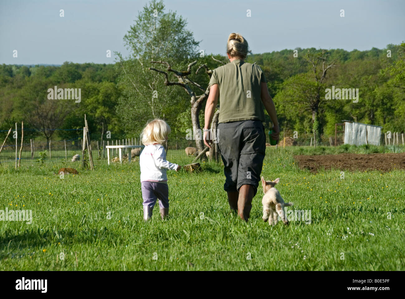 Stock photo of a Mum and two year old daughter walking down their garden being followed by a lamb Stock Photo