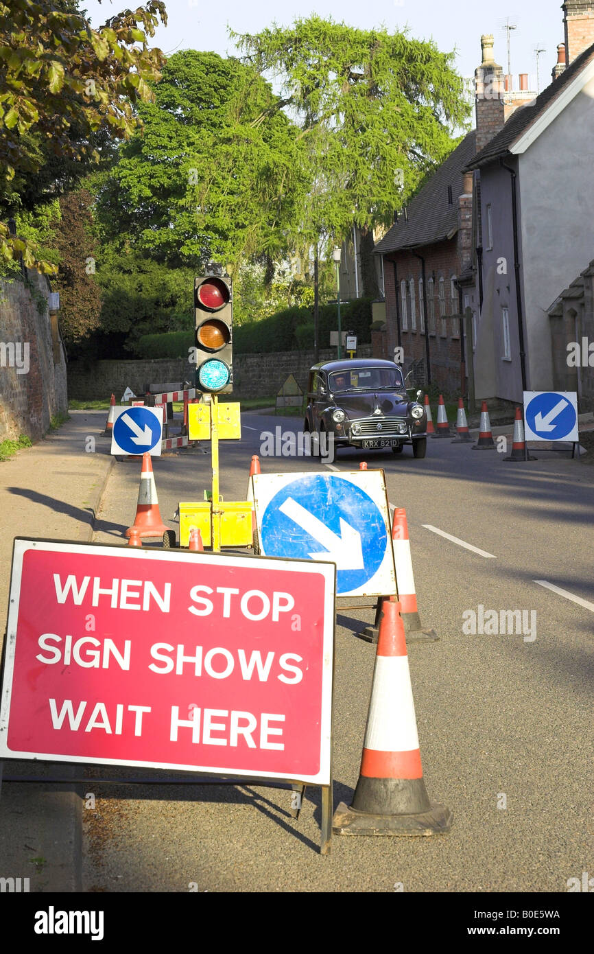 Temporary traffic lights controlling traffic at roadworks in the U.K