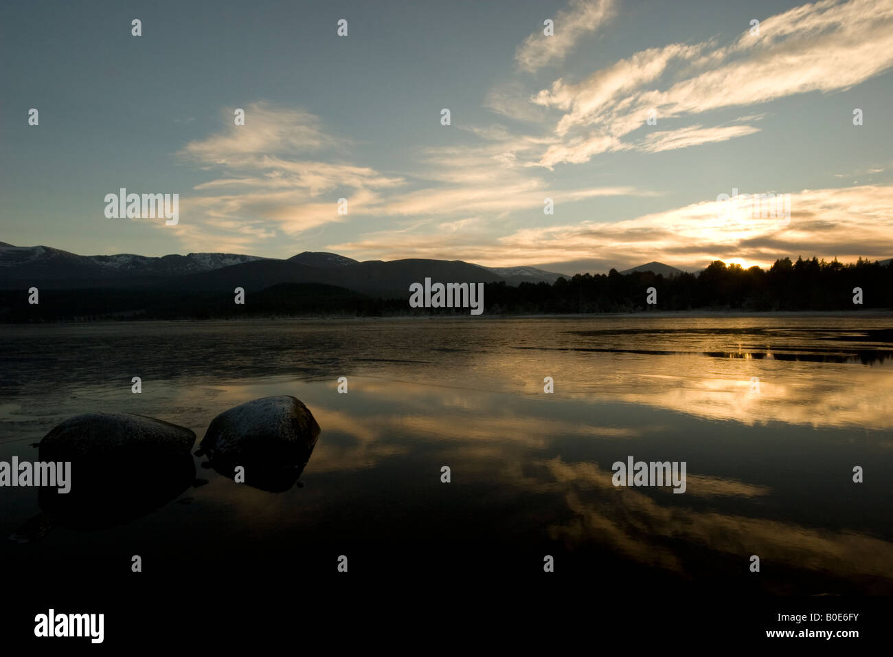 Sunset, Loch Morlich, Cairngorms national Park, Scotland Stock Photo