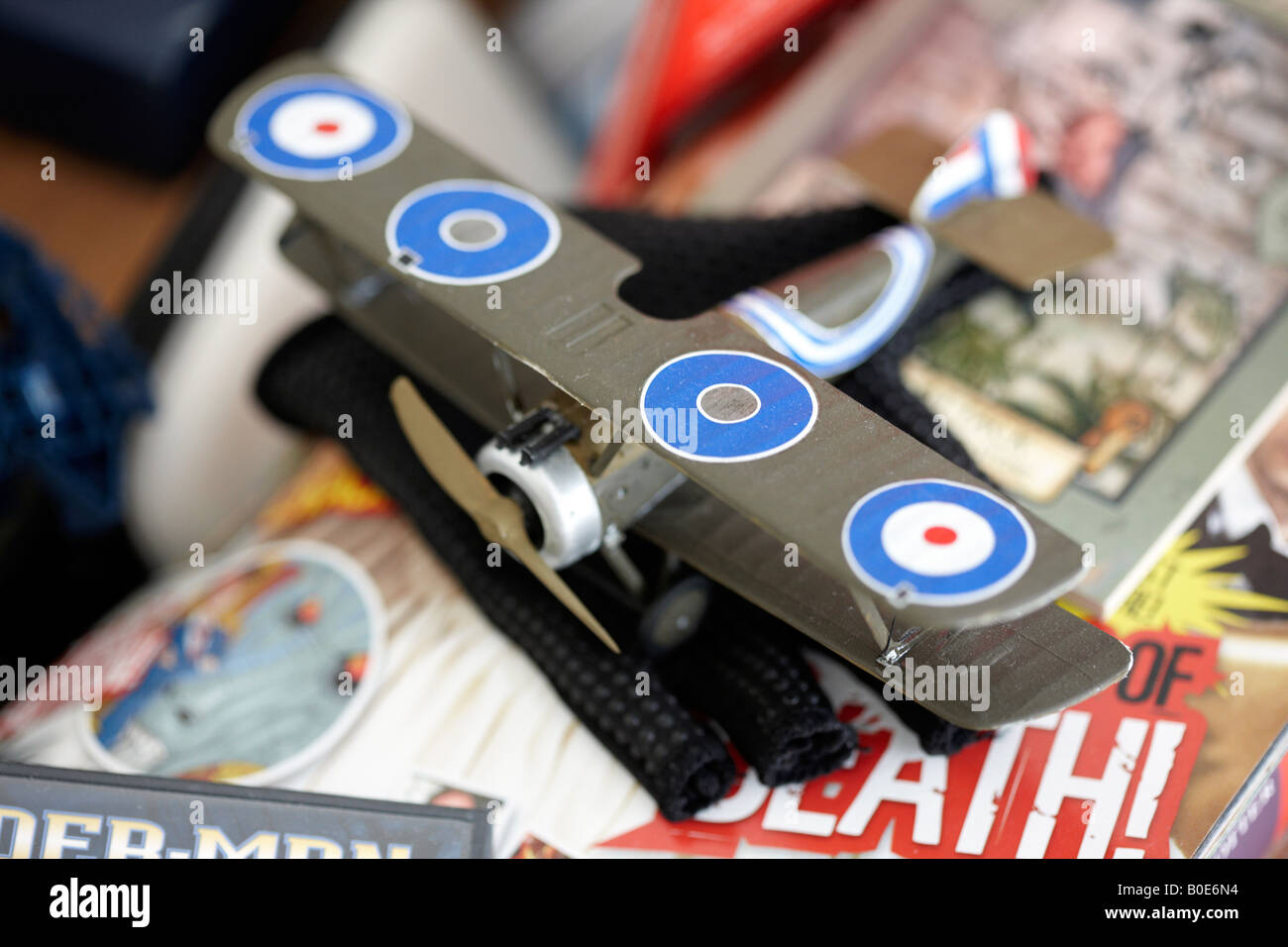 Sopwith Camel airfix kit model, laying around in a typical boy's bedroom. Stock Photo