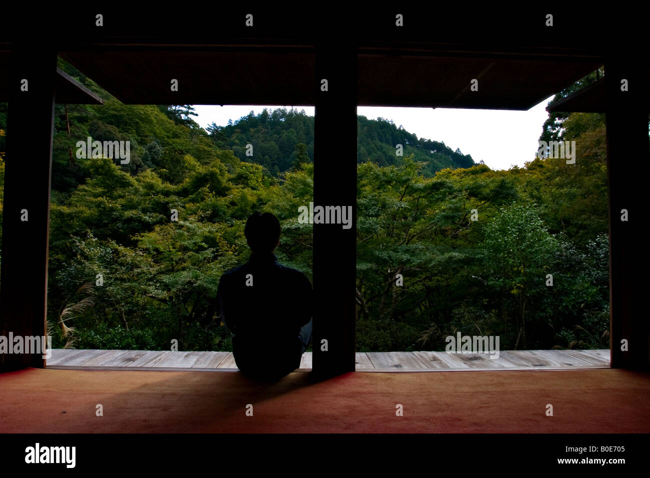 Man contemplating at Kozan-ji temple in Toganoo, Japan - UNESCO World Heritage Site Stock Photo