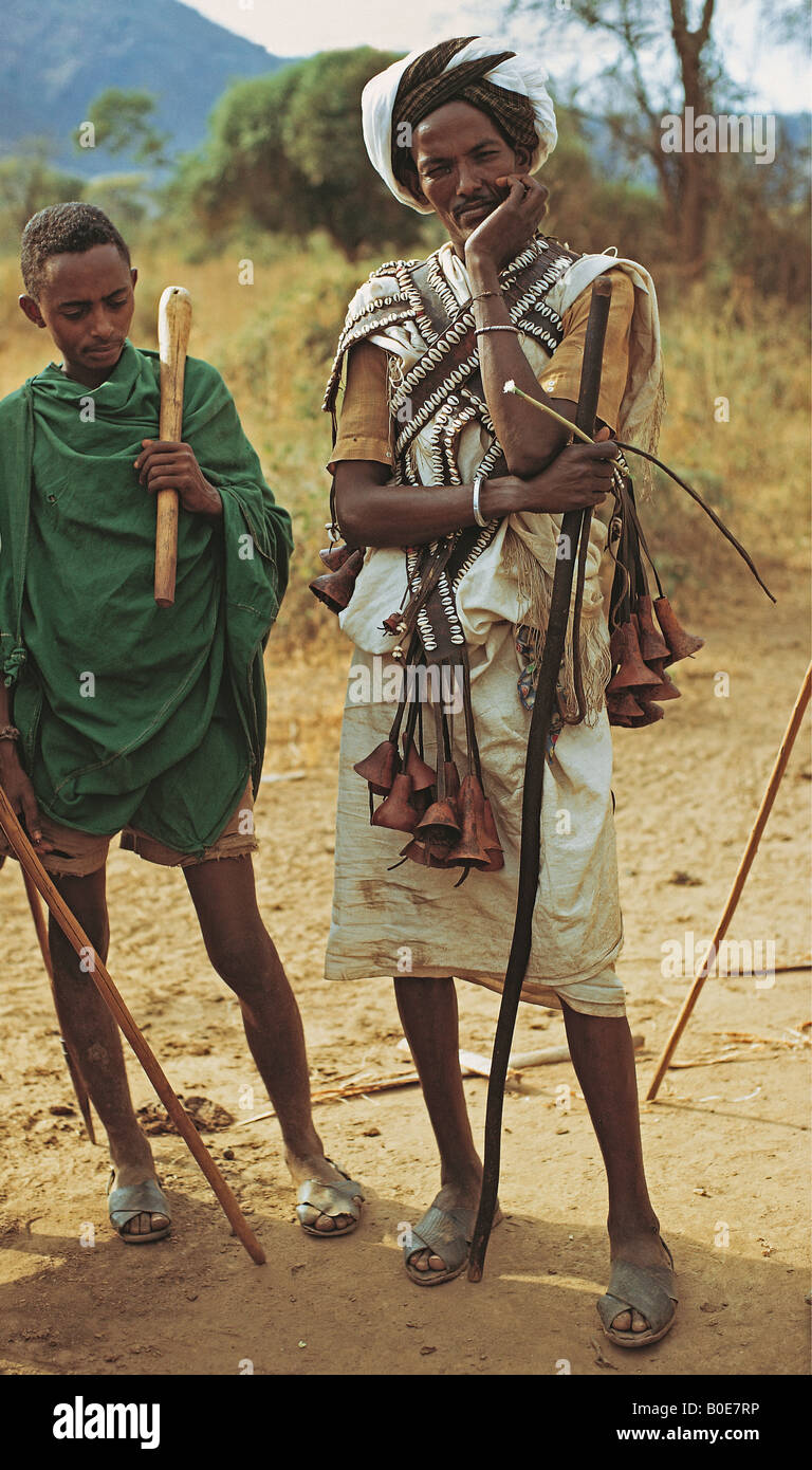 Boran father wearing traditional costume signifying birth of new son Sololo Northern Kenya East Africa Stock Photo