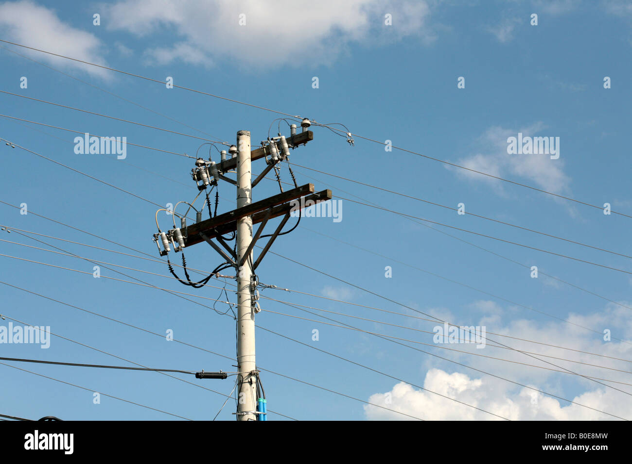 Electrical power lines against a blue cloudy sky Stock Photo - Alamy
