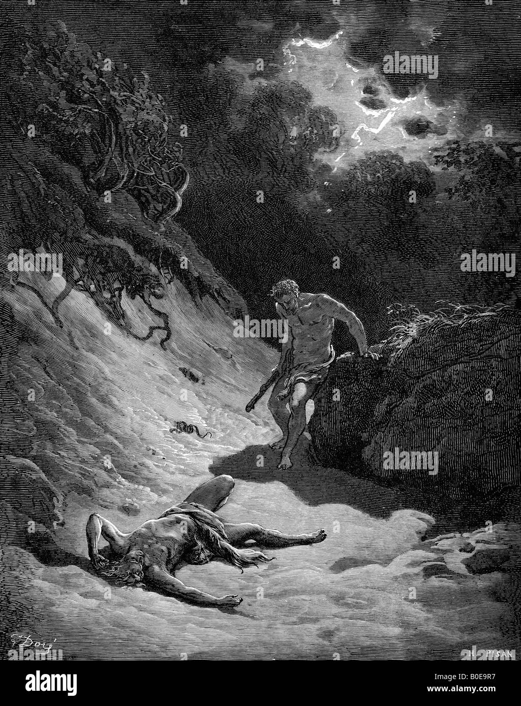 Engraving of Gustave Dore illustration of the Death of Abel Stock Photo