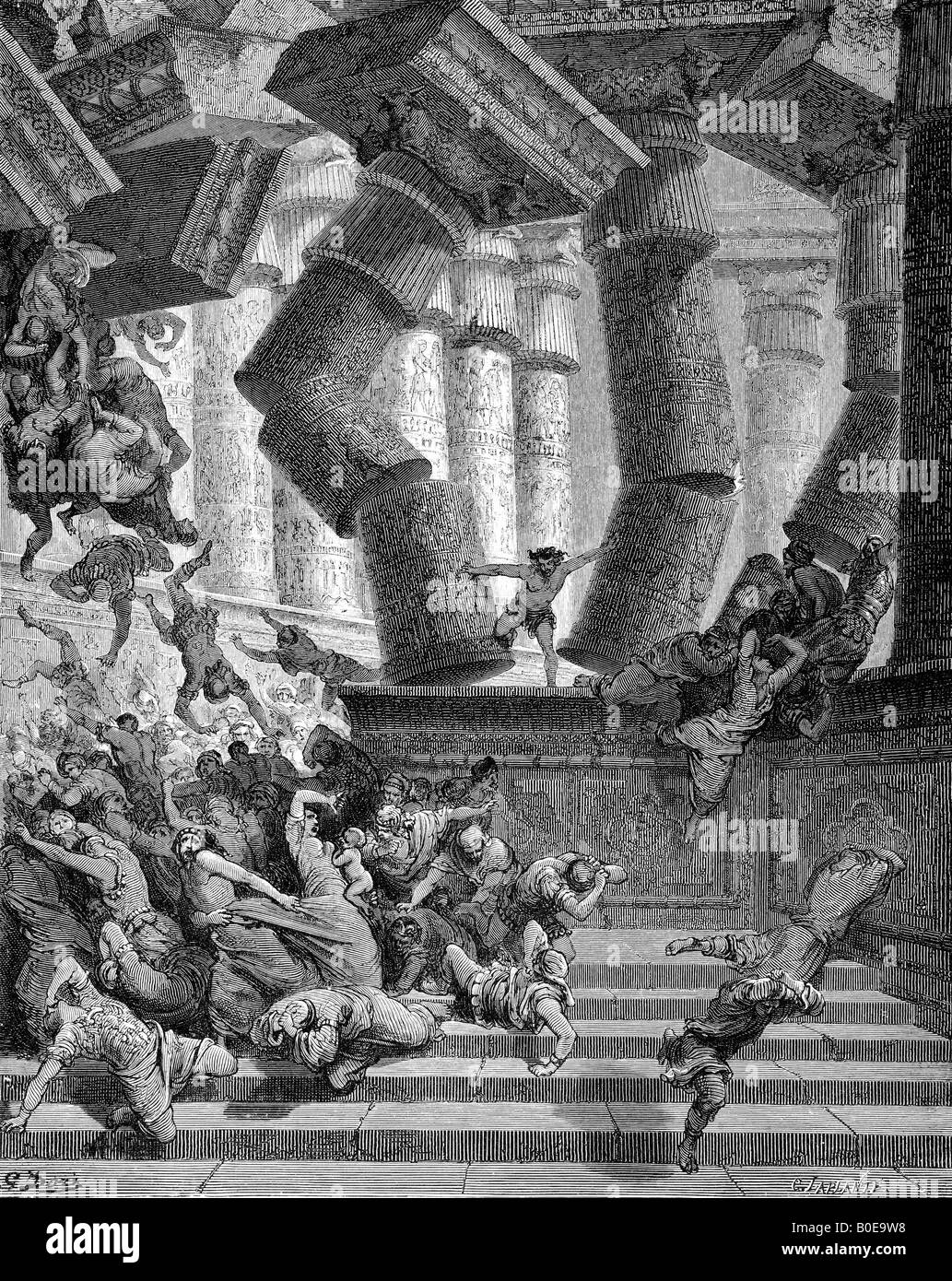 Engraving of Gustave Dore illustration of the death of Samson Stock Photo