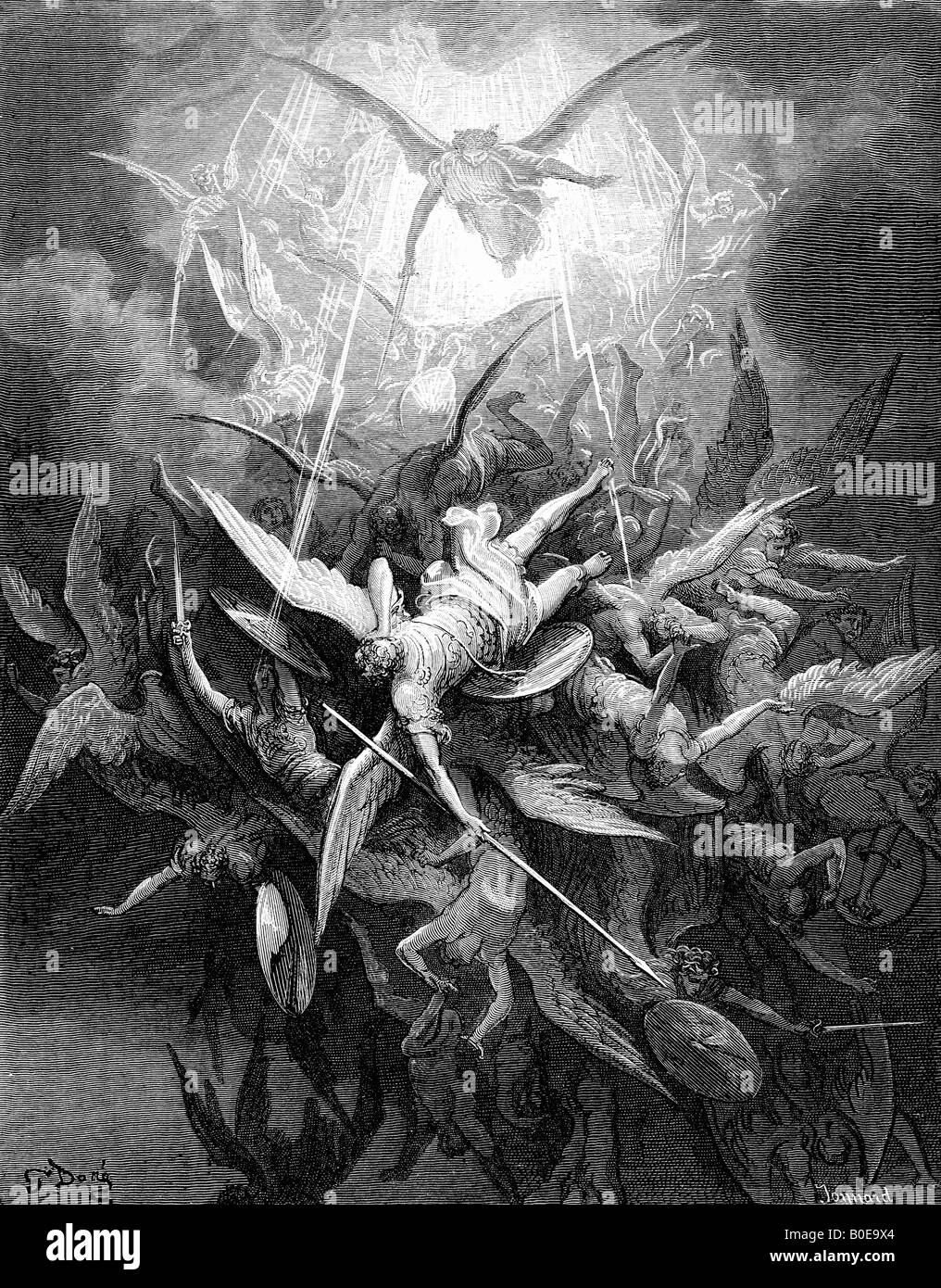 Engraving of Gustave Dore illustration The Fall of the Rebel Angels Stock Photo