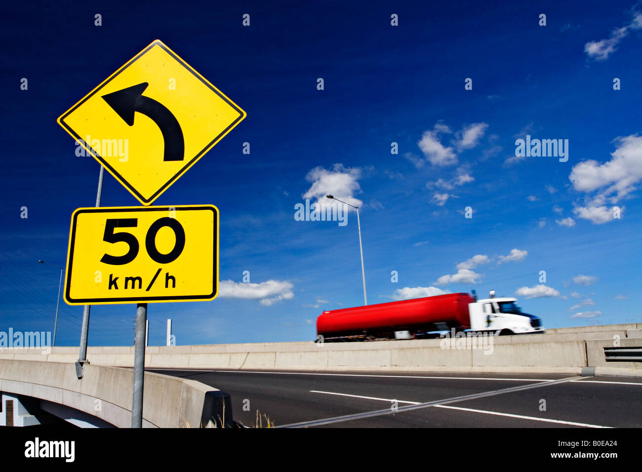 Transportation and  Trucking / A  Road Tanker Truck commutes along a section of Freeway. Stock Photo