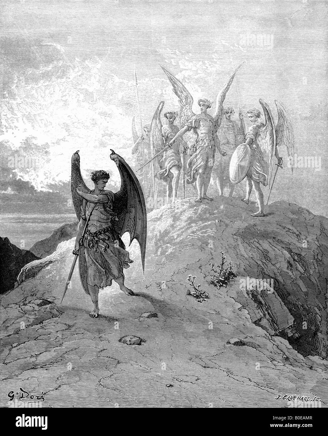 Engraving of Gustave Dore illustration of Satan Vanquished Stock Photo