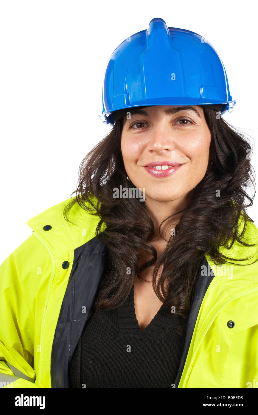 Female construction worker portrait over a white background Stock Photo ...