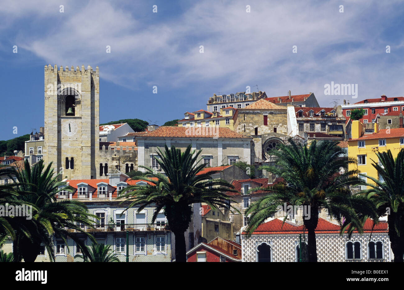 One of the towers of the Lisbon Cathedral and rooftops, Lisbon, Portugal. Stock Photo