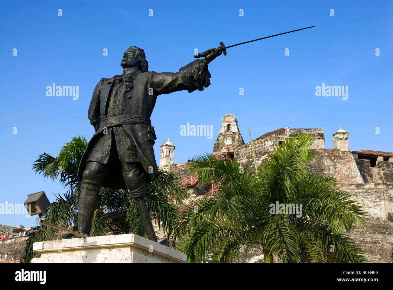 Statue of Blas de Lezo in front of the Castillo de San Felipe de Barajas, Cartagena de Indias, Colombia Stock Photo