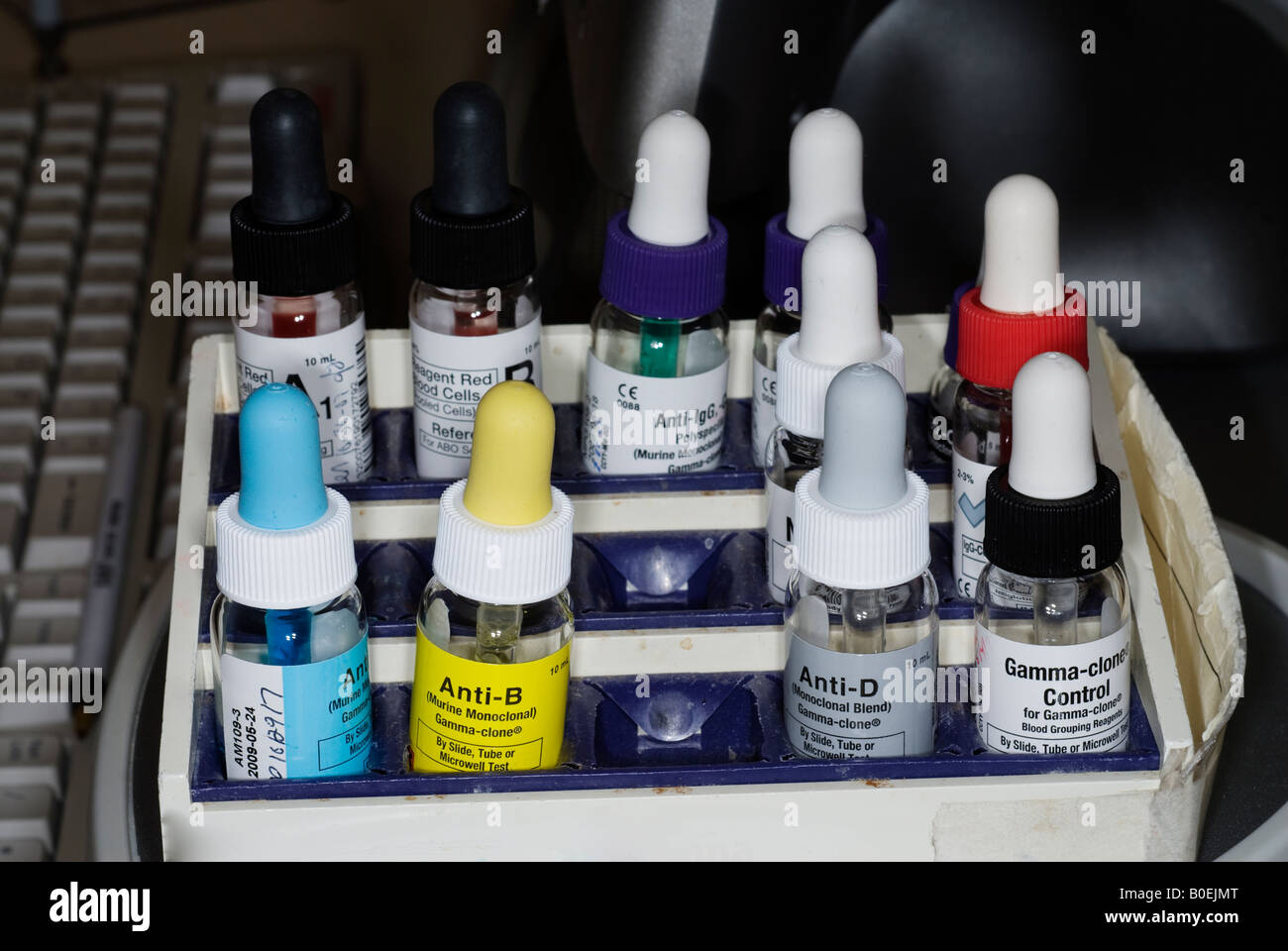 Blood bank reagents used for determination of blood type in the laboratory Stock Photo