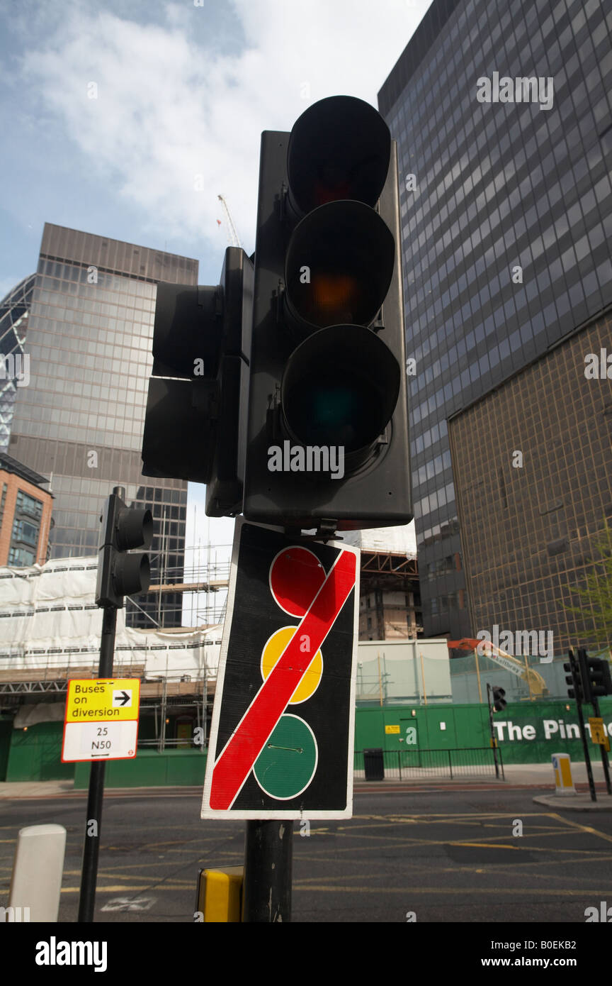 Broken faulty traffic light signals in London England UK united kingdom britain  sign road street transport driving infrastructu Stock Photo