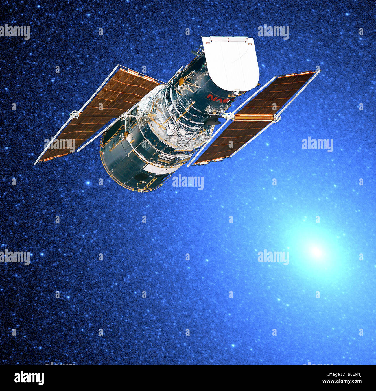 NASA ESA Hubble Telescope composited on night view of starry galaxy ...