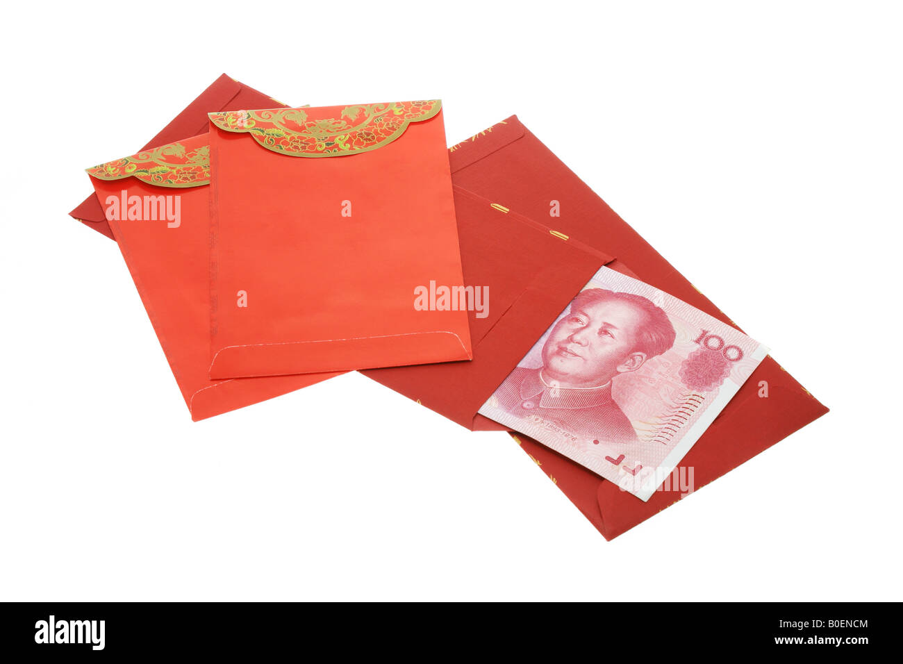 Chinese New Year red packets and renmimbi notes on white background ...