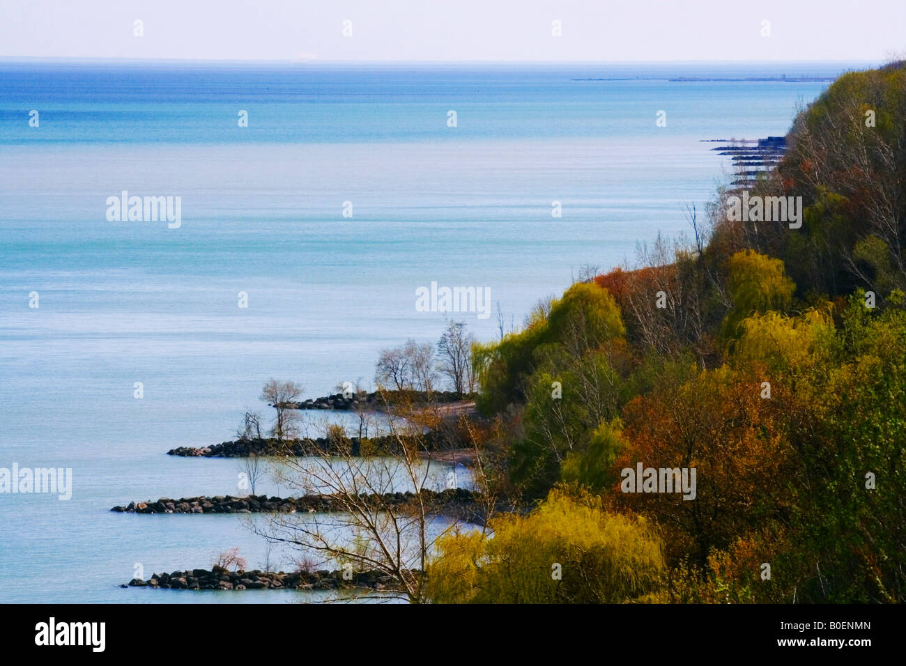 Groynes as coastal defense along shoreline of Lake Ontario under Scarborough Bluffs Stock Photo
