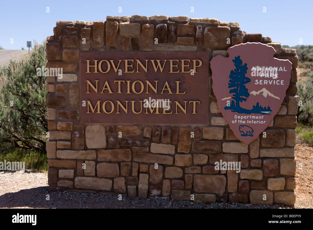 NPS Welcome sign at Hovenweep National Monument Colorado and Utah - the site protects 6 prehistoric Puebloan era villages Stock Photo