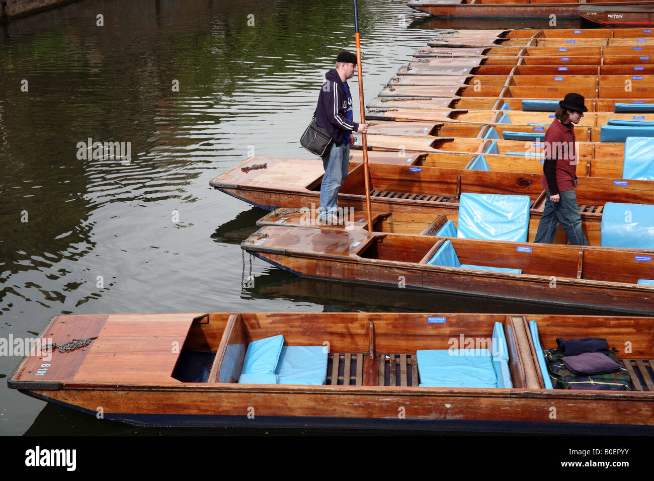 Punts for hire moored on River Cam in Cambridge Stock Photo