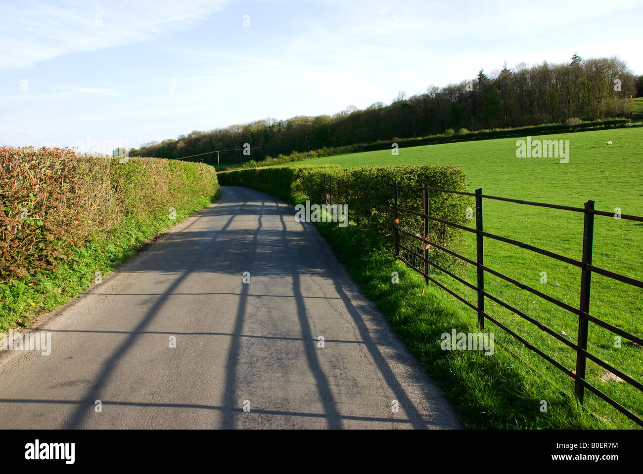 country lane with shadows from old metal fence Stock Photo