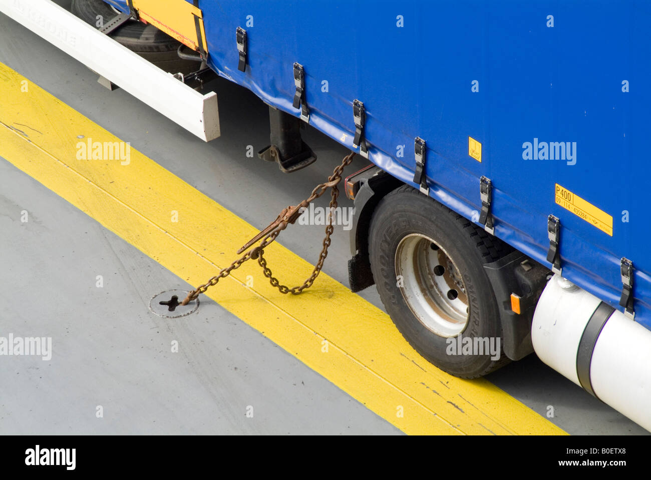 tied down teathered teather lorry truck on ferry cahin rachet tension