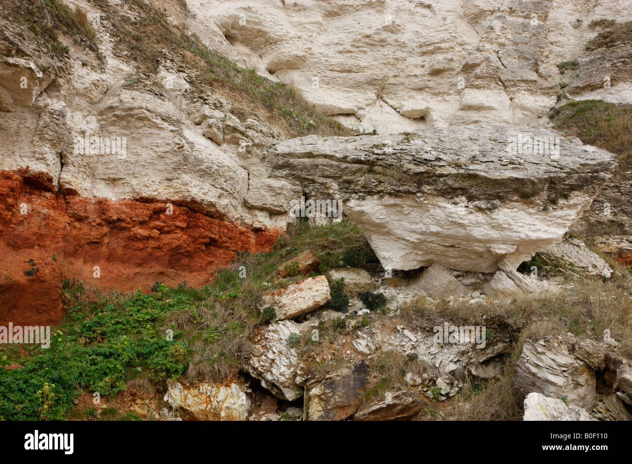 Chalk rock landslide along a cliff due to coastal erosion from the