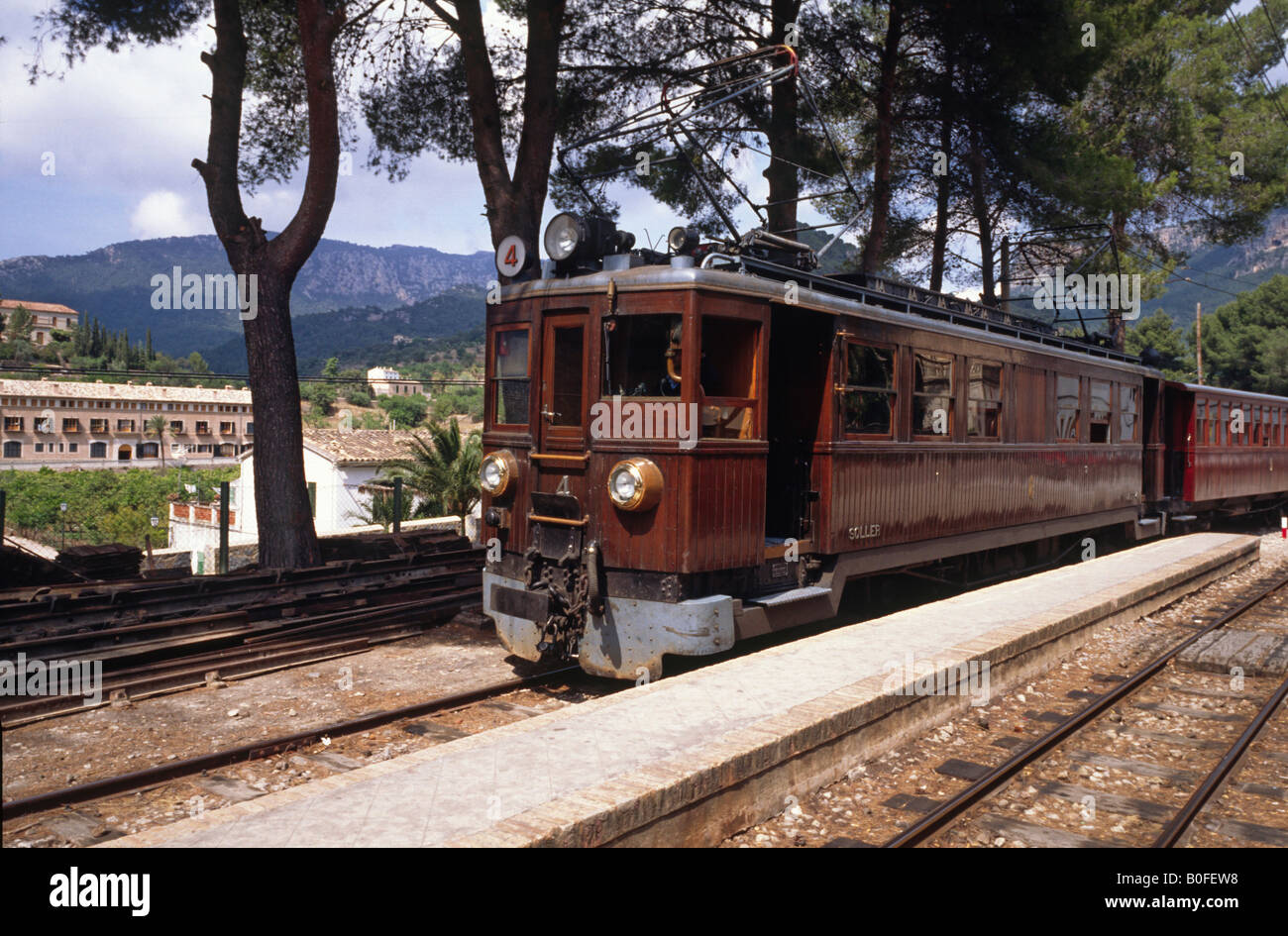 Narrow gauge railway at Soller Mallorca Majorca with alpine style carriages Stock Photo
