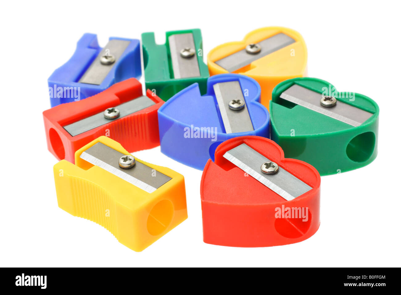 Close up of multicolors pencil sharpeners on white background Stock Photo
