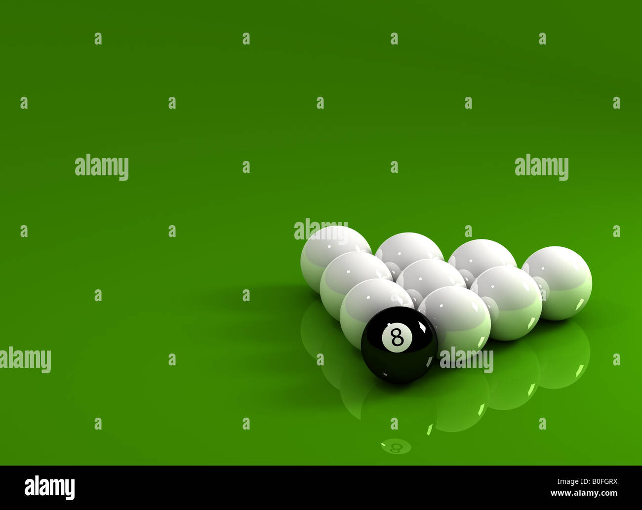 Eight Ball in front of nine white Billiard balls over reflective surface Stock Photo