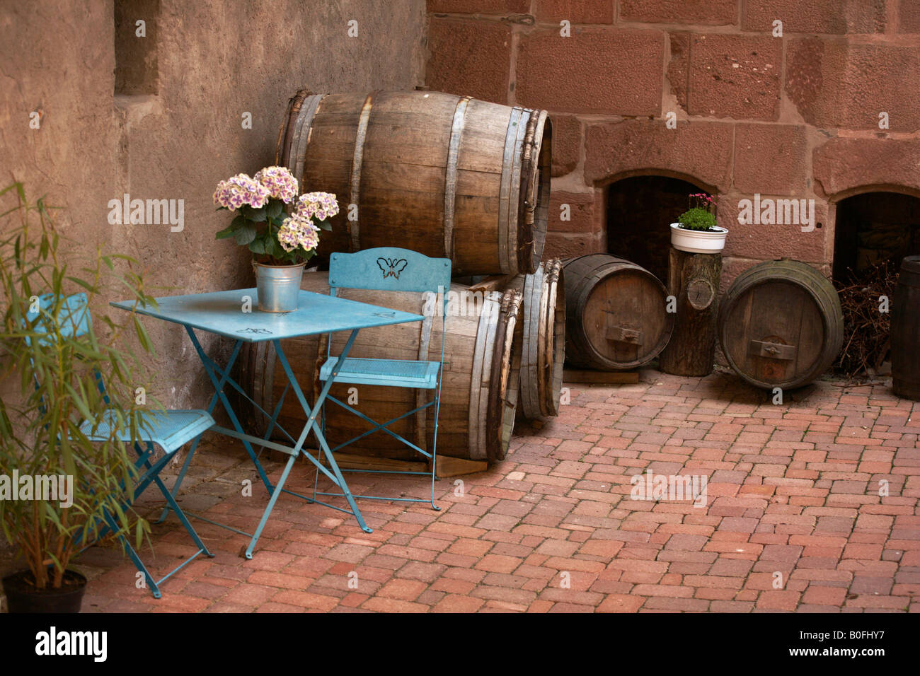 A yard in Riquewihr Alsace France Stock Photo
