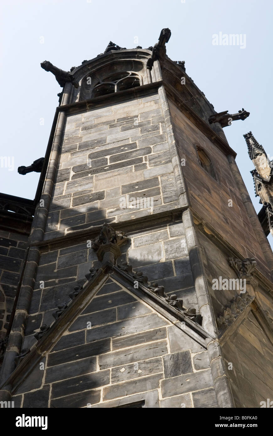 Tower with gargoyles, detail of St. Vitus Cathedral, Prague Castle, Czech Republic Stock Photo