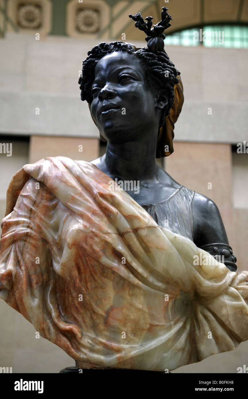 Close-up shot of Capresse des Colonies, a beautiful bronze and Onyx sculpture by Charles Cordier Stock Photo