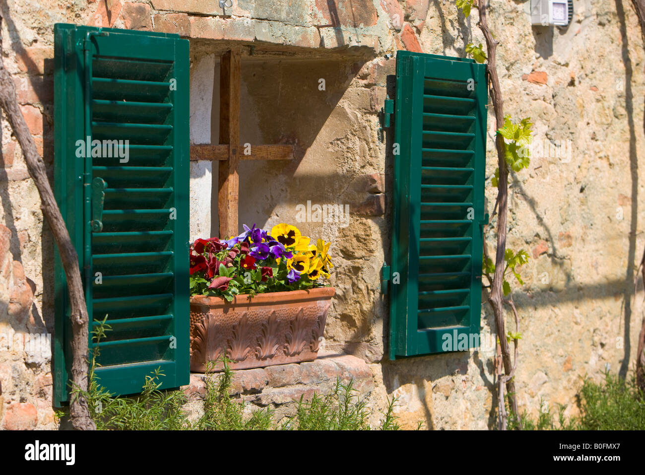 Window adorned with potted flowers in Piazza Roma, Town of Monteriggioni, Province of Siena, Region of Tuscany, Italy, Europe. Stock Photo