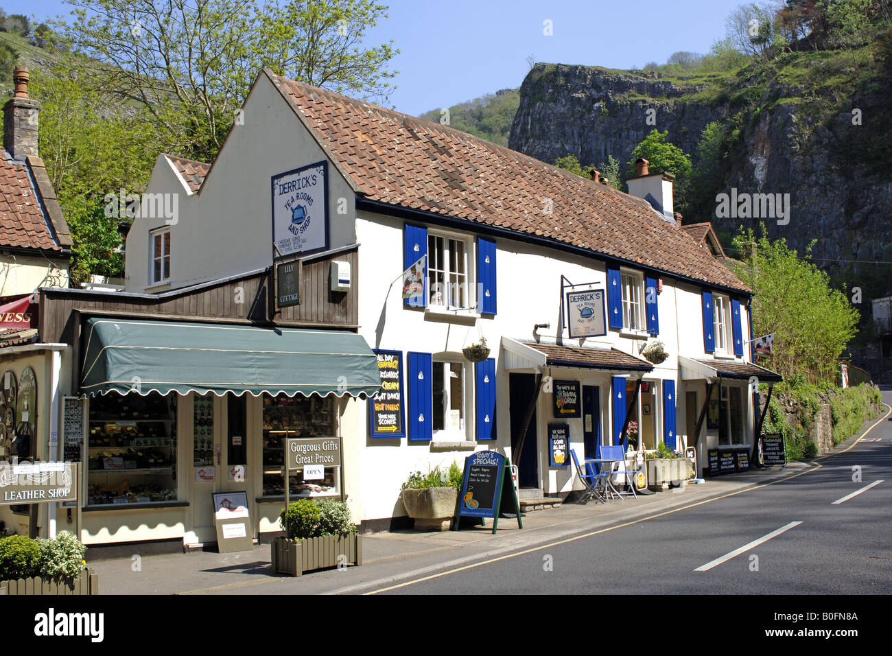 Tea Rooms and tourist stores in Cheddar Somerset England Stock Photo