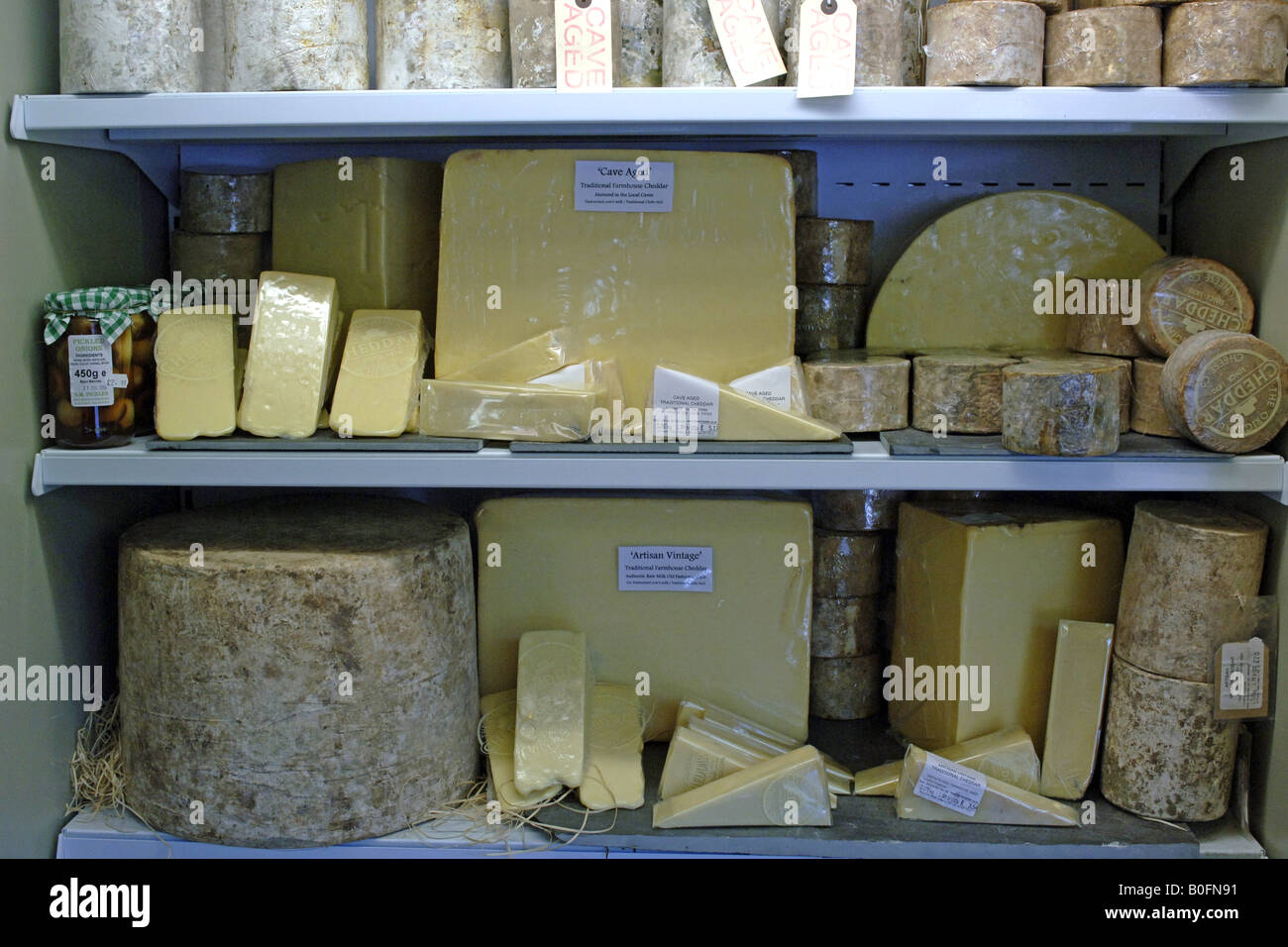 Selection of Cheddar Cheese on sale ina store in Cheddar Somerset