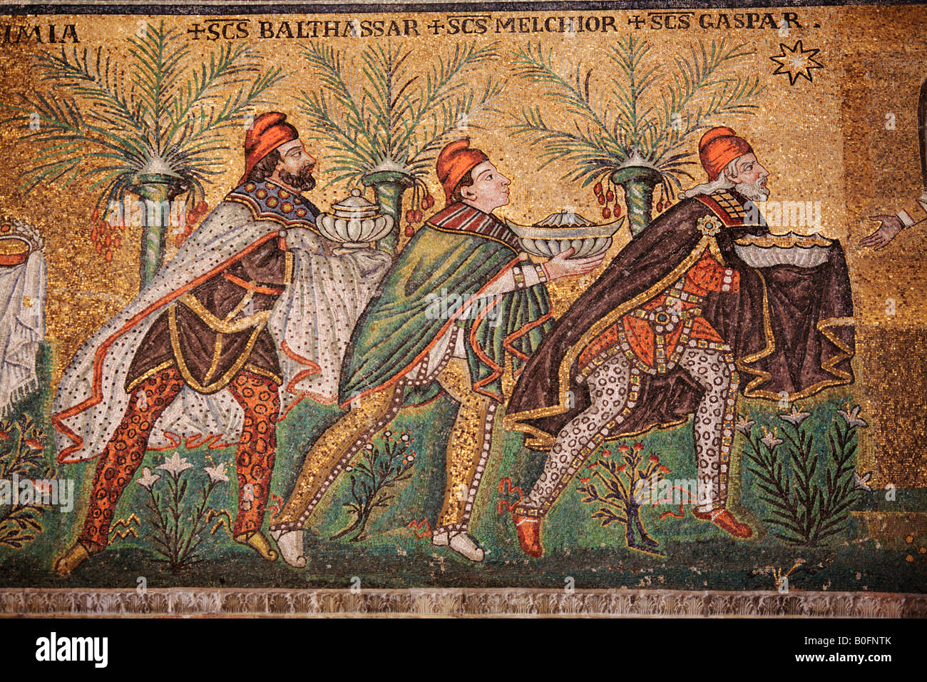 Mosaic of three Magi at Basilica of Sant'Apollinare Nuovo, Ravenna, Italy Stock Photo