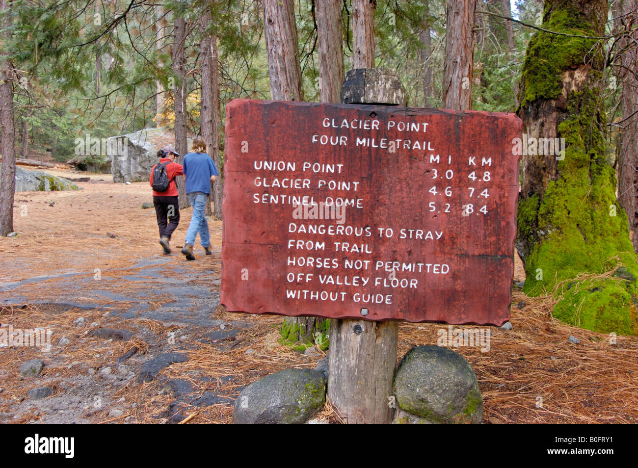 Hikers and sign on the Four Mile Trail to Glacier Point Yosemite Valley ...